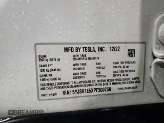 2023 Tesla Model S с VIN 5YJSA1E5XPF500758, выставлен на аукционе Copart как лот 51654685 с пробегом 25 390 миль миль и Списание • Salvage title. История ставок и продаж доступна на DreamBid. Изображение 14.