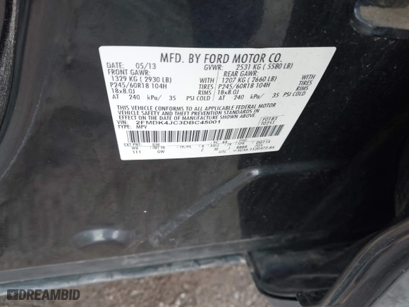 2013 Ford Edge SEL with VIN 2FMDK4JC3DBC45001, listed as a IAAI auction lot 42016774 with 73,387 mi miles. Bid and sale history available at carsss.com. Image 9.
