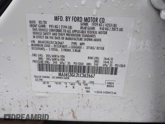 2020 Ford EcoSport SE with VIN MAJ6S3GL2LC362667, listed as a IAAI auction lot 41510765 with 76,311 mi miles and . Bid and sale history available at DreamBid. Image 9.