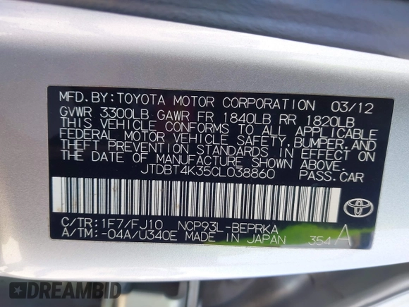 2012 Toyota Yaris z VIN JTDBT4K35CL038860, wystawiony jako IAAI lot #41254384 z przebiegiem 161 536 mil mil oraz . Historia ofert i sprzedaży dostępna na DreamBid. Obrazek 9.