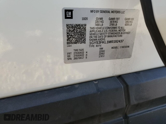 2021 Cadillac Escalade Sport with VIN 1GYS3FKL1MR192437, listed as a Copart auction lot 78201124 with Not provided miles and Salvage title. Bid and sale history available at DreamBid. Image 13.