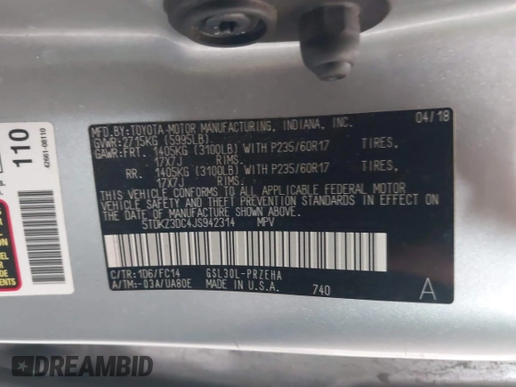 2018 Toyota Sienna LE Auto Access Seat с VIN 5TDKZ3DC4JS942314, выставлен на аукционе IAAI как лот 42230878 с пробегом 245 789 миль миль и . История ставок и продаж доступна на DreamBid. Изображение 9.