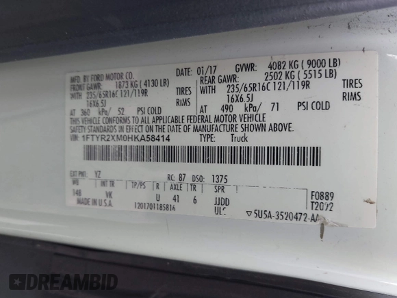 2017 Ford Transit with VIN 1FTYR2XM0HKA58414, listed as a IAAI auction lot 40800755 with 103,205 mi miles and . Bid and sale history available at DreamBid. Image 9.