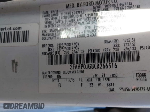 2012 Ford Fusion SEL with VIN 3FAHP0JG8CR266516, listed as a IAAI auction lot 42150556 with 141,715 mi miles and . Bid and sale history available at carsss.com. Image 9.