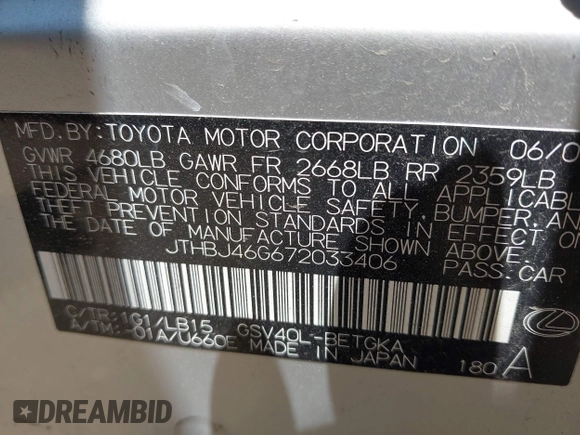 2007 Lexus ES 330 z VIN JTHBJ46G672033406, wystawiony jako IAAI lot #42395991 z przebiegiem 197 619 mil mil oraz . Historia ofert i sprzedaży dostępna na DreamBid. Obrazek 9.