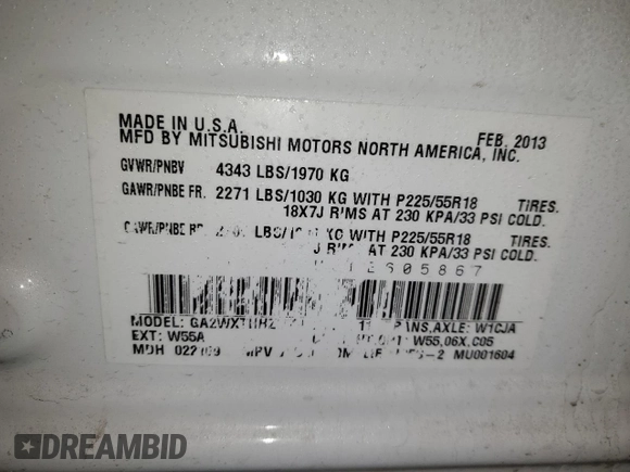 2013 Mitsubishi Outlander Sport GT с VIN 4A4AJ4AU3DE605867, выставлен на аукционе Copart как лот 82988494 с пробегом 229 839 миль миль и Чистый • Clean title. История ставок и продаж доступна на DreamBid. Изображение 13.