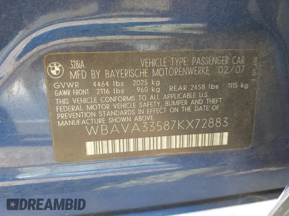 2007 BMW 3 Series 328i with VIN WBAVA33587KX72883, listed as a IAAI auction lot 42632484 with 203,514 mi miles and . Bid and sale history available at DreamBid. Image 9.