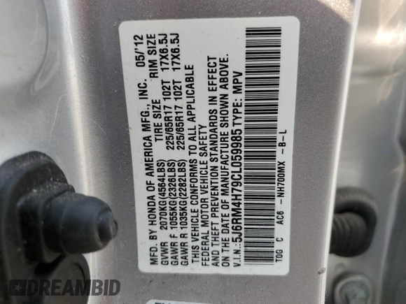 2012 Honda CR-V EX-L with VIN 5J6RM4H79CL059985, listed as a Copart auction lot 58623535 with 38,054 mi miles and Salvage title. Bid and sale history available at DreamBid. Image 13.