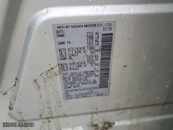 2016 Nissan Pathfinder S with VIN 5N1AR2MN2GC616346, listed as a Copart auction lot 49992455 with 151,624 mi miles and Salvage Title. Bid and sale history available at carsss.com. Image 14.