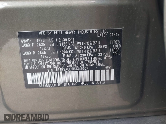 2017 Subaru Outback Premium with VIN 4S4BSACC5H3340524, listed as a IAAI auction lot 42077133 with 141,274 mi miles and . Bid and sale history available at DreamBid. Image 9.