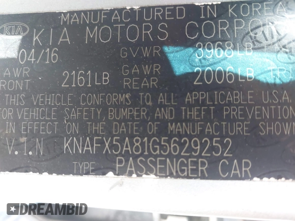 2016 Kia Forte EX with VIN KNAFX5A81G5629252, listed as a IAAI auction lot 41898977 with 92,792 mi miles and . Bid and sale history available at DreamBid. Image 9.
