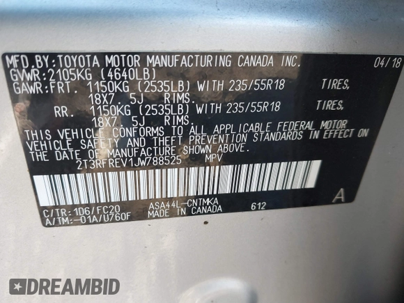 2018 Toyota RAV4 XLE with VIN 2T3RFREV1JW788525, listed as a IAAI auction lot 41793478 with 66,603 mi miles. Bid and sale history available at carsss.com. Image 9.