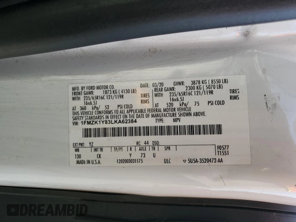 2020 Ford Transit Passenger XL with VIN 1FMZK1Y83LKA62384, listed as a Copart auction lot 64367235 with 167,805 mi miles and Clean title. Bid and sale history available at DreamBid. Image 13.
