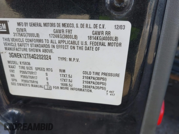 2004 Chevrolet Avalanche Z71 z VIN 3GNEK12T64G202024, wystawiony jako IAAI lot #41377032 z przebiegiem 214 844 mil mil oraz . Historia ofert i sprzedaży dostępna na DreamBid. Obrazek 9.