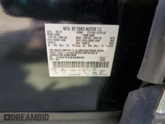 2014 Ford Explorer Limited z VIN 1FM5K7F81EGA58330, wystawiony jako Copart lot #55183275 z przebiegiem 151 174 mil mil oraz Szkoda całkowita • Salvage title. Historia ofert i sprzedaży dostępna na DreamBid. Obrazek 13.