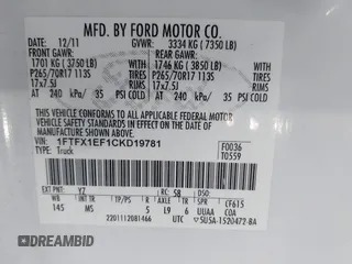 2012 Ford F-150 XL with VIN 1FTFX1EF1CKD19781, listed as a IAAI auction lot 41828077 with 142,466 mi miles and . Bid and sale history available at DreamBid. Image 9.