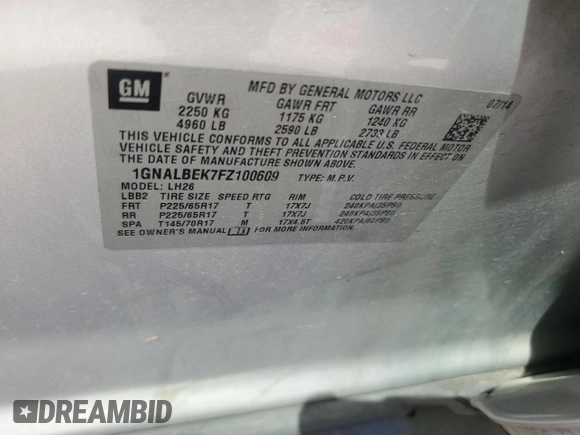 2015 Chevrolet Equinox LT with VIN 1GNALBEK7FZ100609, listed as a Copart auction lot 53267855 with 0 mi miles and Salvage Title. Bid and sale history available at carsss.com. Image 13.