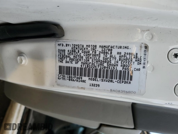 2001 Toyota Camry CE z VIN 4T1BG22K71U045151, wystawiony jako Copart lot #58041405 z przebiegiem 170 270 mil mil oraz Czysty tytuł • Clean title. Historia ofert i sprzedaży dostępna na DreamBid. Obrazek 12.