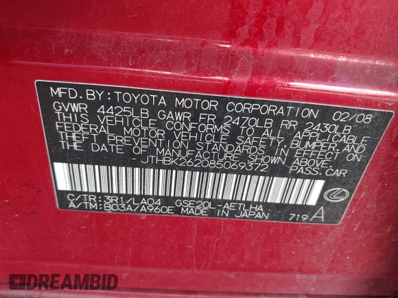 2008 Lexus IS 250 with VIN JTHBK262085069372, listed as a IAAI auction lot 41450713 with 169,128 mi miles. Bid and sale history available at carsss.com. Image 9.