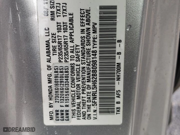 2011 Honda Odyssey EX-L with VIN 5FNRL5H62BB098148, listed as a Copart auction lot 50971955 with 257,103 mi miles and Salvage Title. Bid and sale history available at carsss.com. Image 14.
