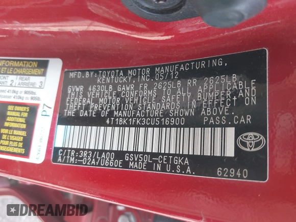 2012 Toyota Camry SE with VIN 4T1BK1FK3CU516900, listed as a IAAI auction lot 42013994 with 110,009 mi miles. Bid and sale history available at carsss.com. Image 9.
