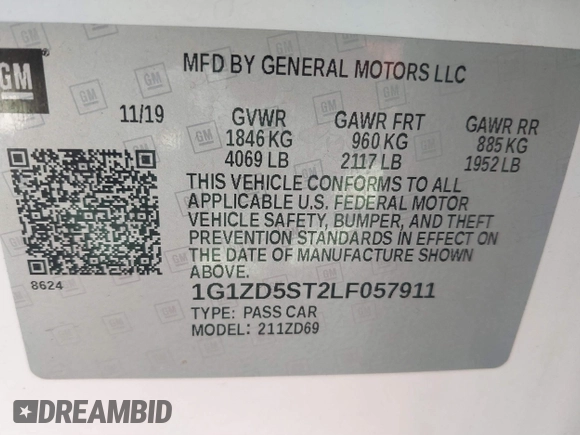 2020 Chevrolet Malibu LT with VIN 1G1ZD5ST2LF057911, listed as a IAAI auction lot 40670556 with 91,014 mi miles and . Bid and sale history available at DreamBid. Image 9.
