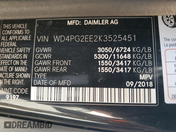 2019 Mercedes-Benz Metris Passenger with VIN WD4PG2EE2K3525451, listed as a Copart auction lot 62157035 with 104,037 mi miles and Clean title. Bid and sale history available at DreamBid. Image 13.