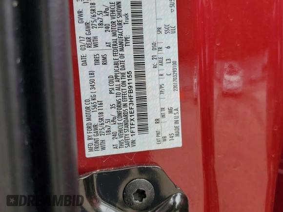 2017 Ford F-150 XL z VIN 1FTFX1EF3HFB91155, wystawiony jako Copart lot #58997165 z przebiegiem 34 226 mil mil oraz Szkoda całkowita • Salvage title. Historia ofert i sprzedaży dostępna na DreamBid. Obrazek 12.
