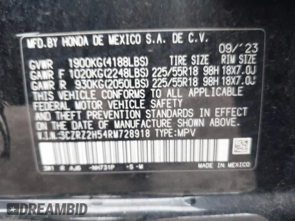 2024 Honda HR-V Sport z VIN 3CZRZ2H54RM728918, wystawiony jako IAAI lot #42199149 z przebiegiem 19 056 mil mil oraz . Historia ofert i sprzedaży dostępna na DreamBid. Obrazek 9.