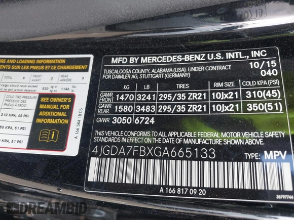 2016 Mercedes-Benz GLE 63 S AMG with VIN 4JGDA7FBXGA665133, listed as a IAAI auction lot 41634945 with 105,800 mi miles and . Bid and sale history available at DreamBid. Image 9.