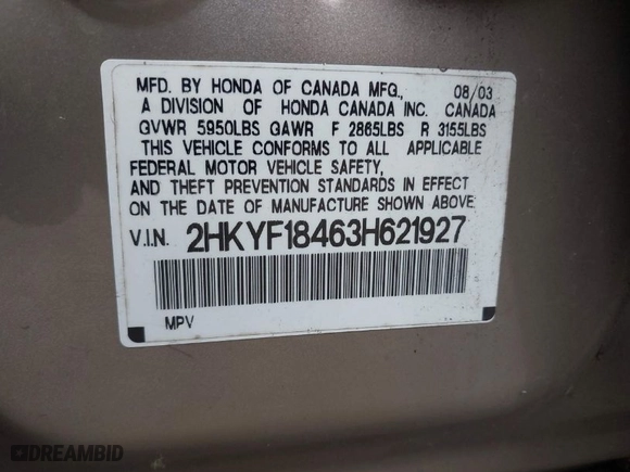 2003 Honda Pilot EX with VIN 2HKYF18463H621927, listed as a IAAI auction lot 42016994 with 180,001 mi miles. Bid and sale history available at carsss.com. Image 9.