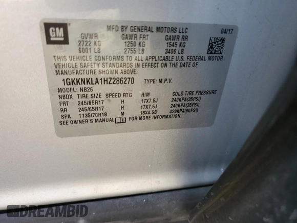 2017 GMC Acadia SLE with VIN 1GKKNKLA1HZ286270, listed as a Copart auction lot 43014505 with 87,099 mi miles and Salvage Title. Bid and sale history available at DreamBid. Image 16.