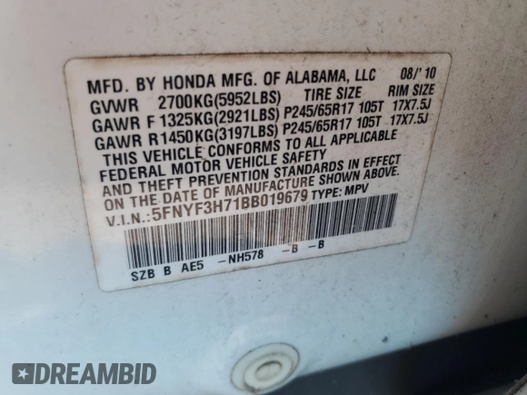 2011 Honda Pilot EX-L with VIN 5FNYF3H71BB019679, listed as a Copart auction lot 51613495 with 227,018 mi miles and Clean Title. Bid and sale history available at DreamBid. Image 12.