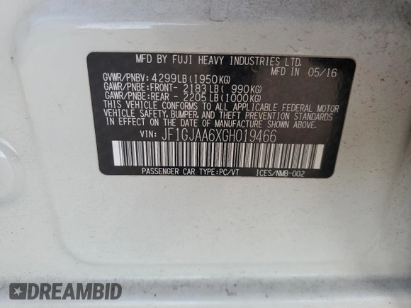 2016 Subaru Impreza with VIN JF1GJAA6XGH019466, listed as a Copart auction lot 62075655 with 94,359 mi miles and Salvage title. Bid and sale history available at DreamBid. Image 13.