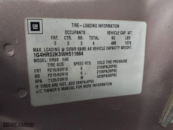 1998 Buick LeSabre Limited with VIN 1G4HR52K3WH511664, listed as a IAAI auction lot 41955496 with 175,913 mi miles. Bid and sale history available at carsss.com. Image 9.