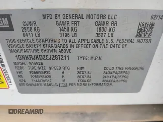 2014 Chevrolet Traverse LTZ with VIN 1GNKRJKD2EJ287211, listed as a IAAI auction lot 39873394 with 128,355 mi miles and . Bid and sale history available at DreamBid. Image 9.