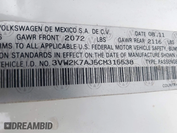 2012 Volkswagen Jetta S с VIN 3VW2K7AJ5CM315538, выставлен на аукционе IAAI как лот 41856779 с пробегом 143 695 миль миль и . История ставок и продаж доступна на DreamBid. Изображение 9.