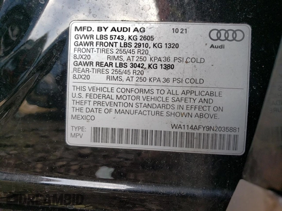 2022 Audi SQ5 Sportback Premium with VIN WA114AFY9N2035881, listed as a Copart auction lot 46407743 with 14,901 mi miles and . Bid and sale history available at DreamBid. Image 13.
