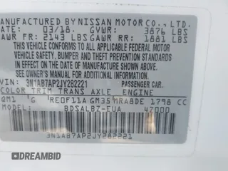 2018 Nissan Sentra S with VIN 3N1AB7AP2JY282221, listed as a IAAI auction lot 41877250 with 88,190 mi miles and . Bid and sale history available at DreamBid. Image 9.