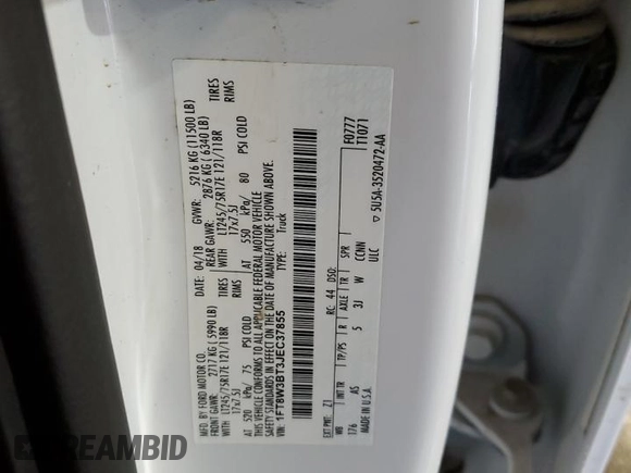 2018 Ford F-350 XL with VIN 1FT8W3BT3JEC37855, listed as a Copart auction lot 63740775 with 128,675 mi miles and Salvage title. Bid and sale history available at DreamBid. Image 12.