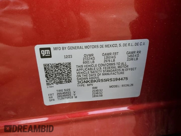 2024 Chevrolet Blazer RS with VIN 3GNKBKRS5RS194475, listed as a Copart auction lot 55123695 with 6,341 mi miles and Clean title. Bid and sale history available at DreamBid. Image 12.