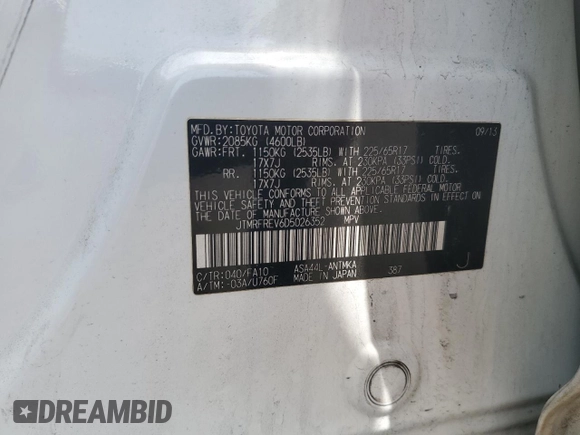 2013 Toyota RAV4 XLE with VIN JTMRFREV6D5026352, listed as a Copart auction lot 63019825 with 149,656 mi miles and Clean title. Bid and sale history available at DreamBid. Image 13.