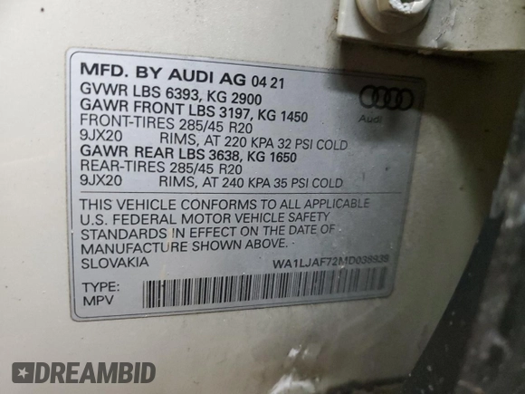 2021 Audi Q7 Premium Plus with VIN WA1LJAF72MD038939, listed as a Copart auction lot 85394184 with 61,947 mi miles and Salvage title. Bid and sale history available at DreamBid. Image 13.