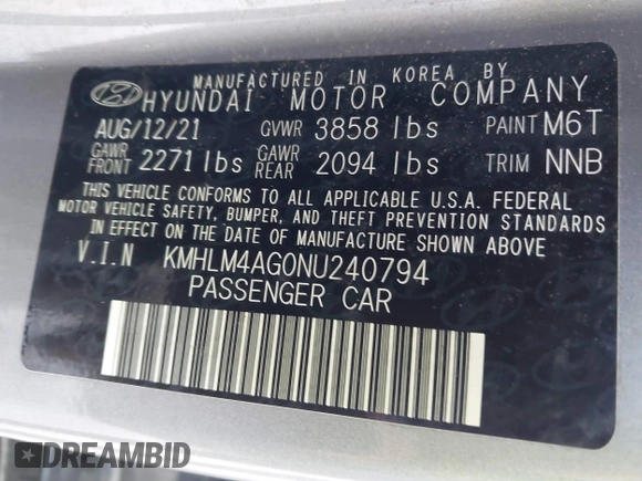 2022 Hyundai Elantra SEL with VIN KMHLM4AG0NU240794, listed as a IAAI auction lot 41738356 with 58,383 mi miles and . Bid and sale history available at DreamBid. Image 9.