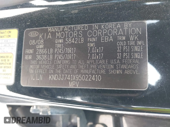 2009 Kia Borrego LX with VIN KNDJJ741X95022410, listed as a IAAI auction lot 41801442 with 163,775 mi miles. Bid and sale history available at carsss.com. Image 9.
