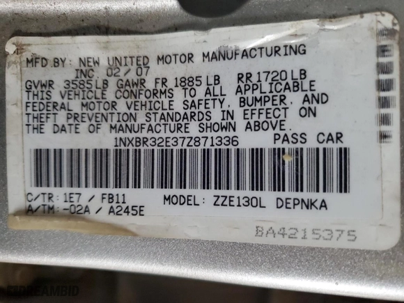 2007 Toyota Corolla CE with VIN 1NXBR32E37Z871336, listed as a Copart auction lot 51525085 with 173,768 mi miles and Salvage Title. Bid and sale history available at carsss.com. Image 14.