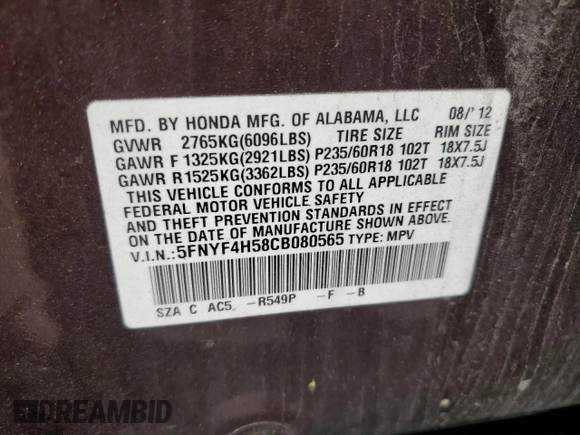 2012 Honda Pilot EX-L z VIN 5FNYF4H58CB080565, wystawiony jako Copart lot #54896635 z przebiegiem 203 725 mil mil oraz Szkoda całkowita • Salvage title. Historia ofert i sprzedaży dostępna na DreamBid. Obrazek 13.