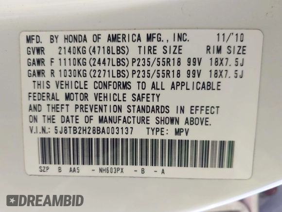 2011 Acura RDX with VIN 5J8TB2H28BA003137, listed as a IAAI auction lot 41424309 with 135,458 mi miles. Bid and sale history available at carsss.com. Image 9.