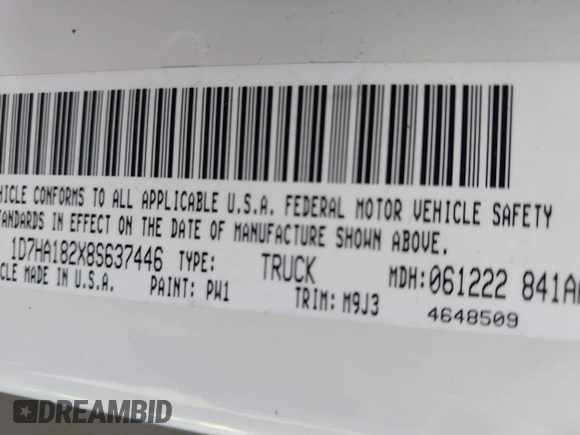 2008 Dodge 1500 SLT with VIN 1D7HA182X8S637446, listed as a IAAI auction lot 42071575 with 190,735 mi miles. Bid and sale history available at carsss.com. Image 9.