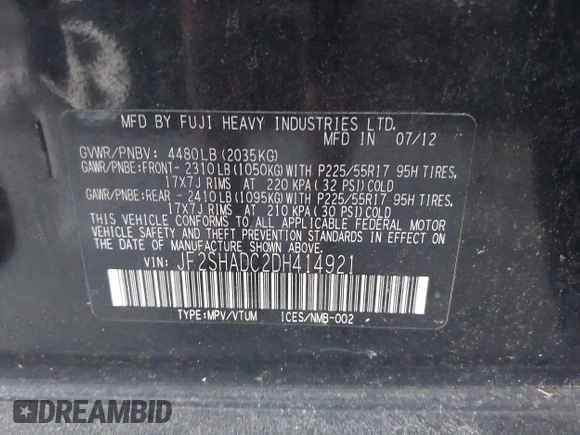 2013 Subaru Forester X Premium with VIN JF2SHADC2DH414921, listed as a IAAI auction lot 42660640 with 164,017 mi miles and . Bid and sale history available at DreamBid. Image 9.